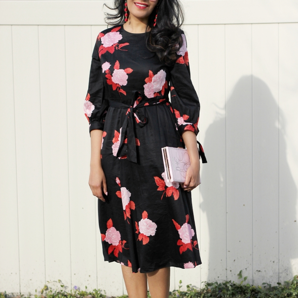 Who What Wear black rose midi dress with tie sleeves